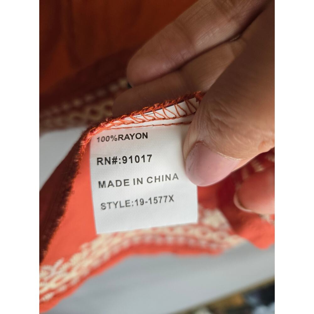 Solitaire Embroidered Boho Tunic Top Rust Orange Plus Size 2X Rayon Long Sleeve - Picture 4 of 8